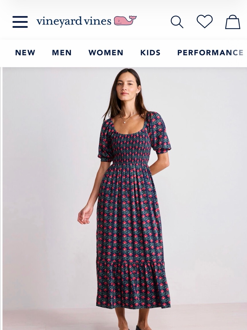 Vineyard Vines Navy Dress with Red Floral Smocking